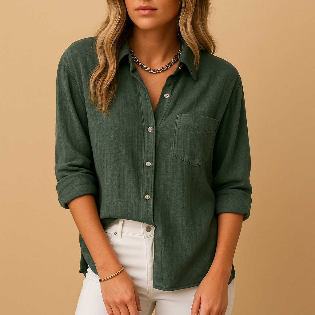 Melina – Modern shirt with long sleeves, chest pocket, and button closure