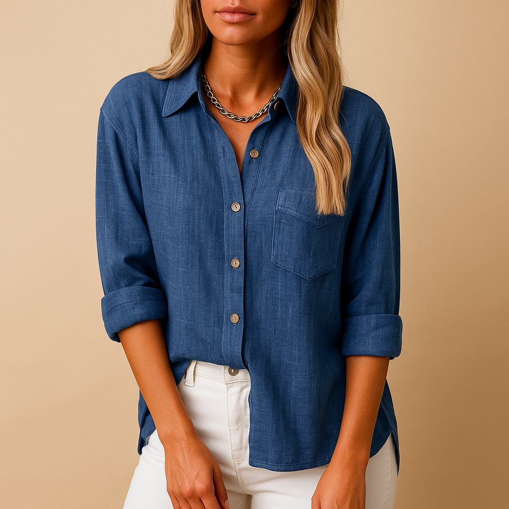 Melina – Modern shirt with long sleeves, chest pocket, and button closure