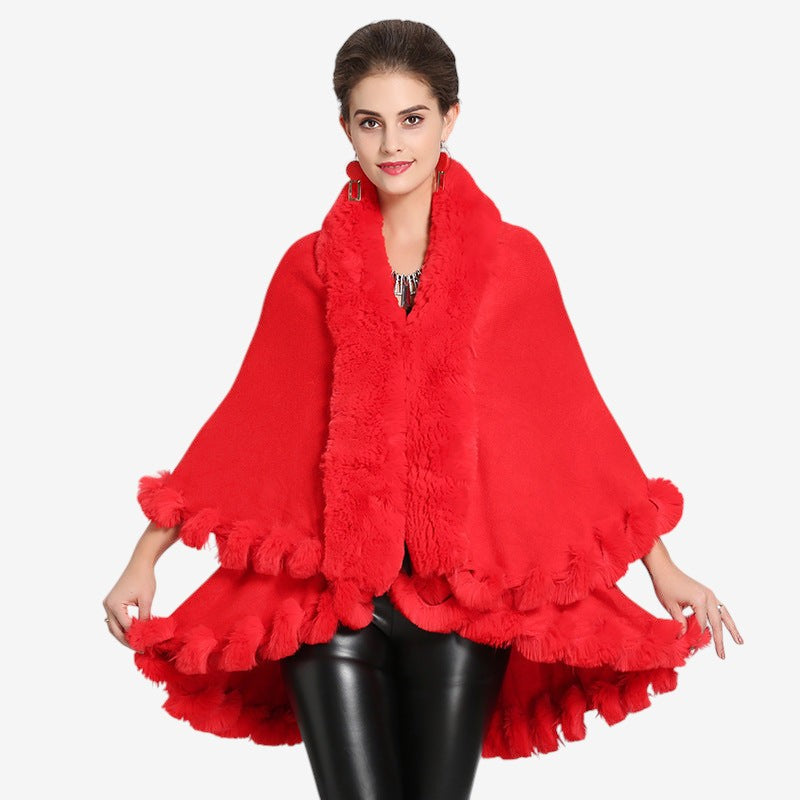 Goldie - Poncho con scollo a V e collo in pelliccia