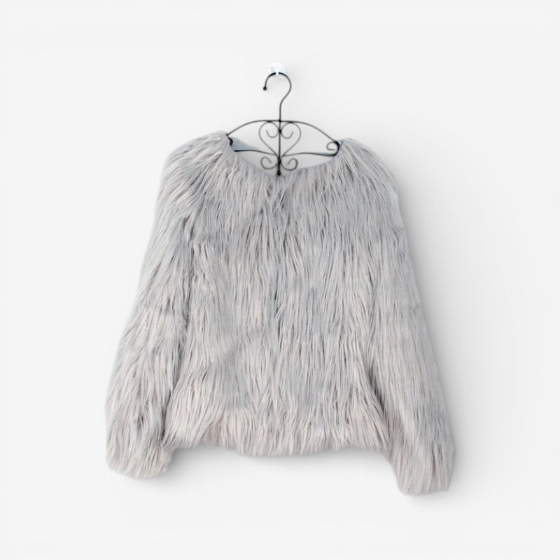 Aveline – Long Sleeve Faux Fur Jacket with Round Neck