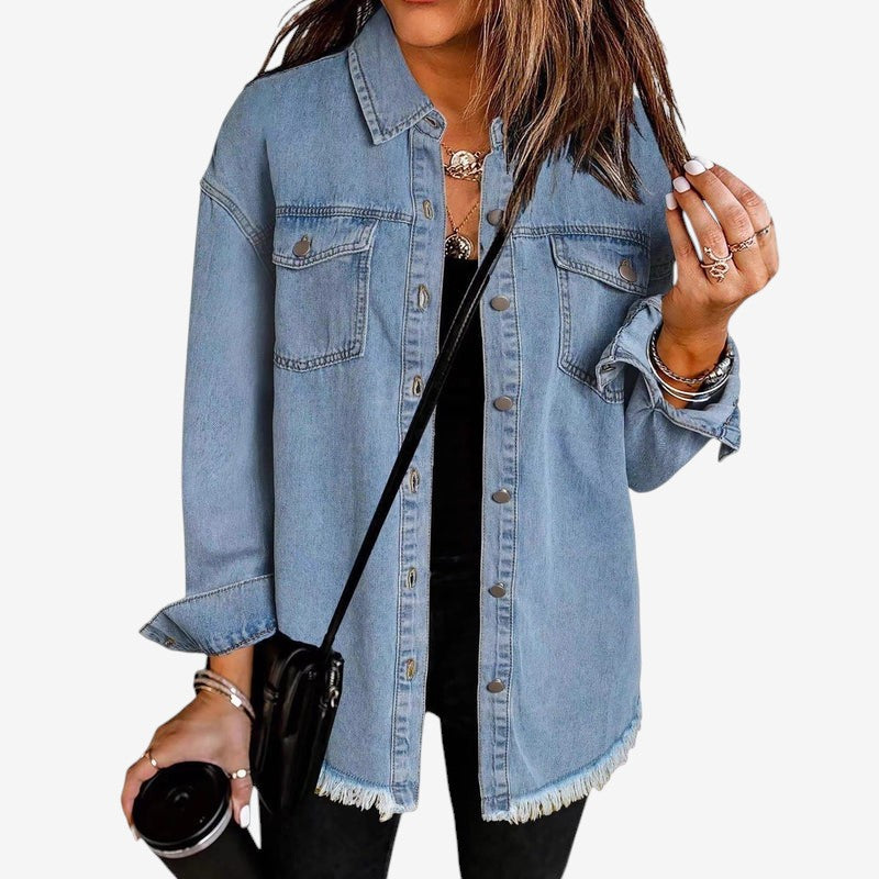 Violet - Denim Overshirt with Frayed Hem