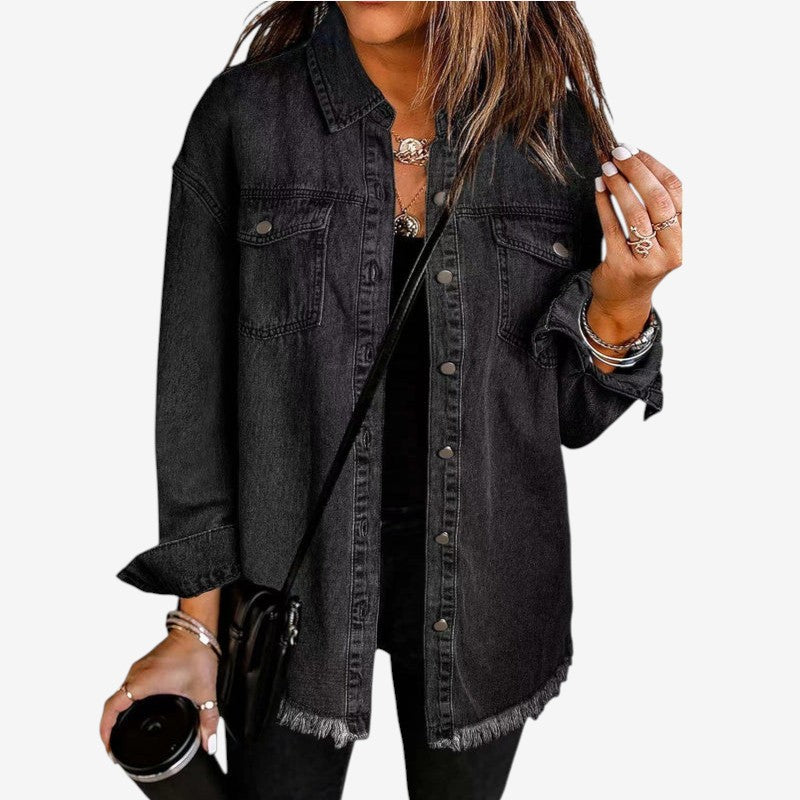 Violet - Denim Overshirt with Frayed Hem