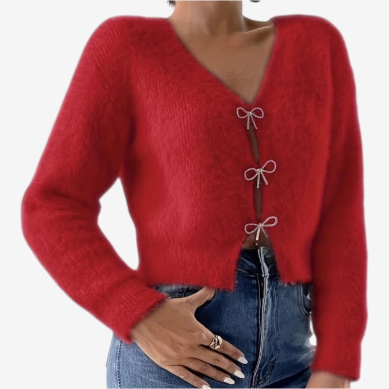 Aysel – Pulover cu mânecă lungă, decolteu în V și design cu fundă
