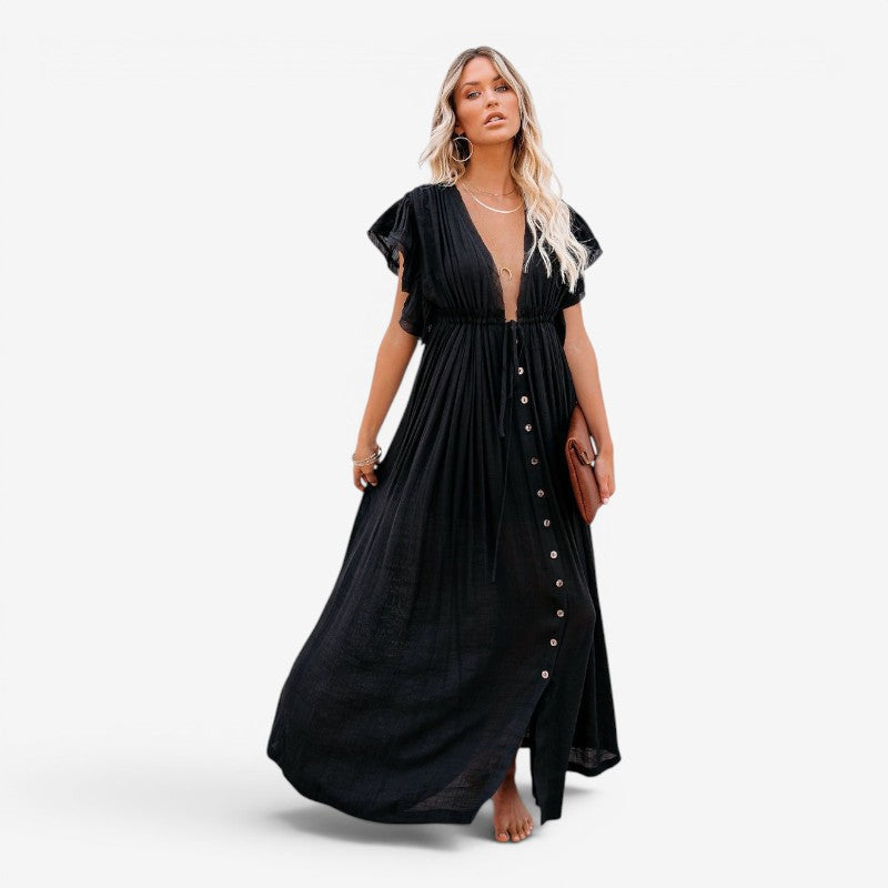Women’s V-Neck Button-Front Maxi Dress