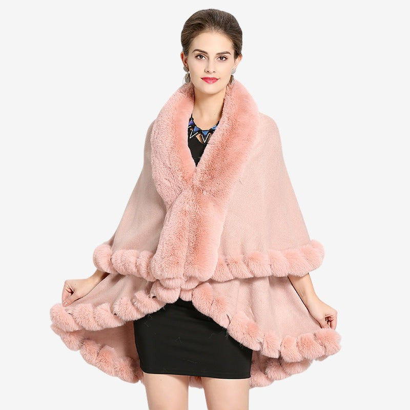 Goldie - Poncho con scollo a V e collo in pelliccia