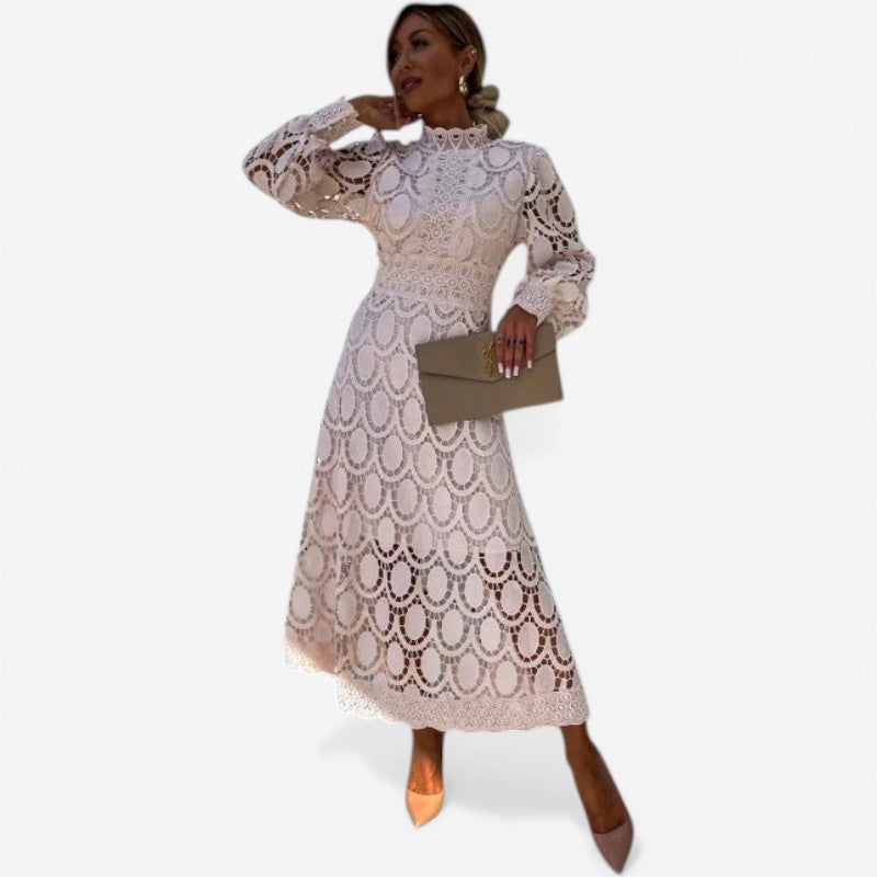 Women’s Long-Sleeve Dress with Intricate Openwork Lace Design