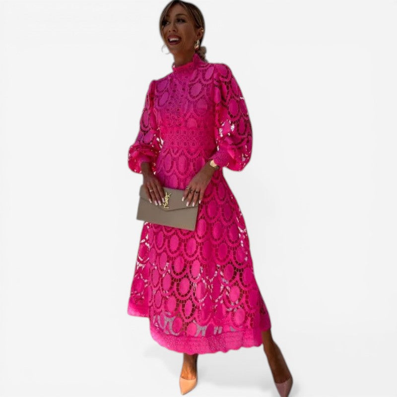 Women’s Long-Sleeve Dress with Intricate Openwork Lace Design