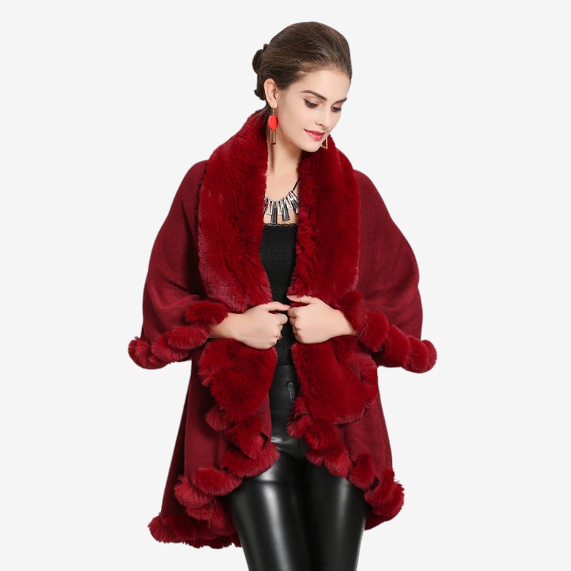 Goldie - Poncho con scollo a V e collo in pelliccia