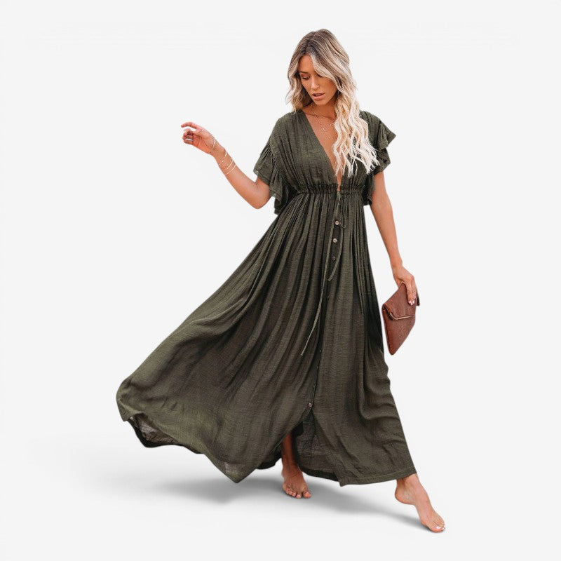Women’s V-Neck Button-Front Maxi Dress