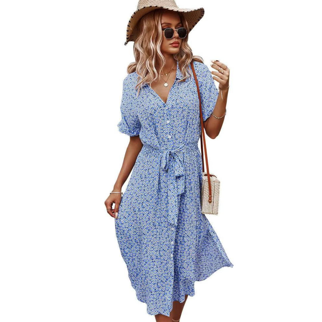 Lena - Boho maxi šaty s knoflíkovým zapínáním vpředu a výstřihem do V