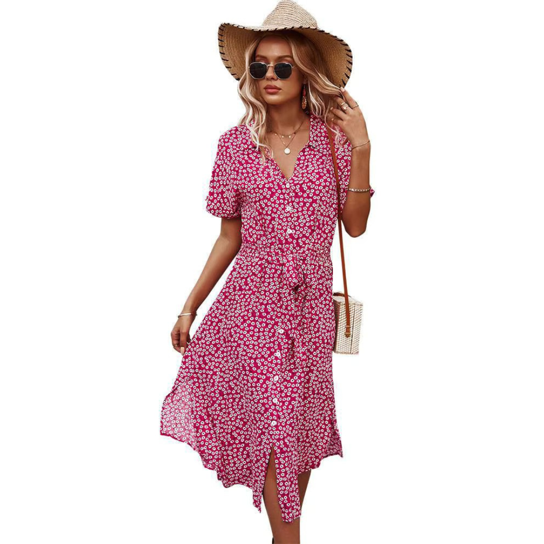 Lena - Boho maxi šaty s knoflíkovým zapínáním vpředu a výstřihem do V