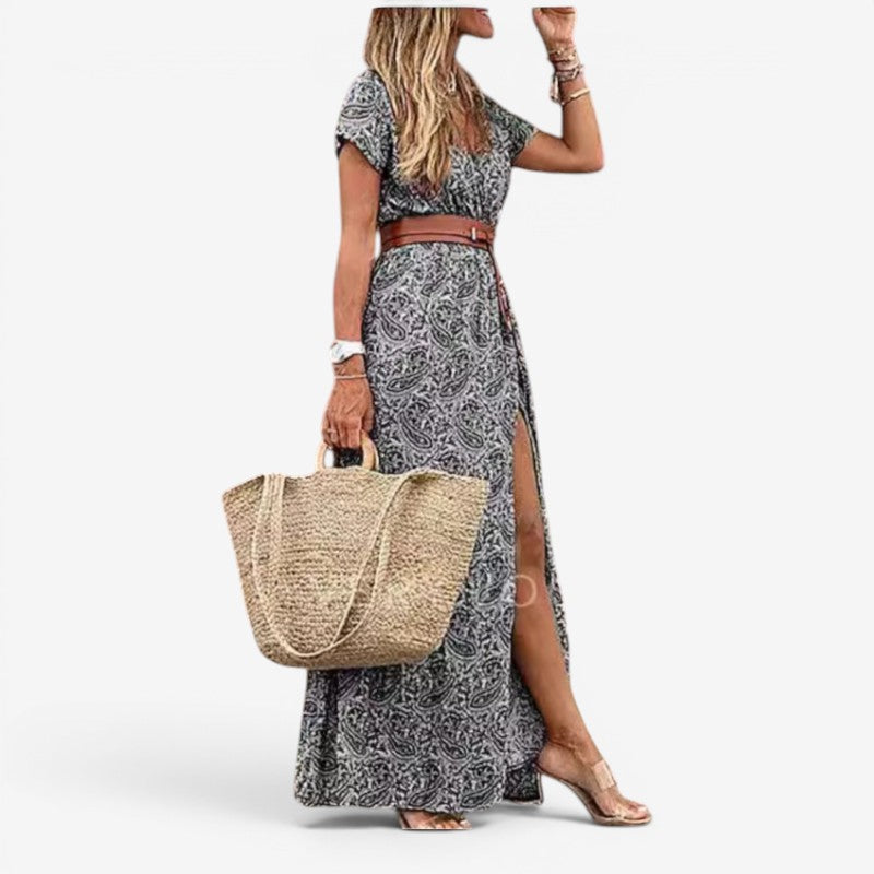 Abito lungo da donna con stampa floreale e scollo a V