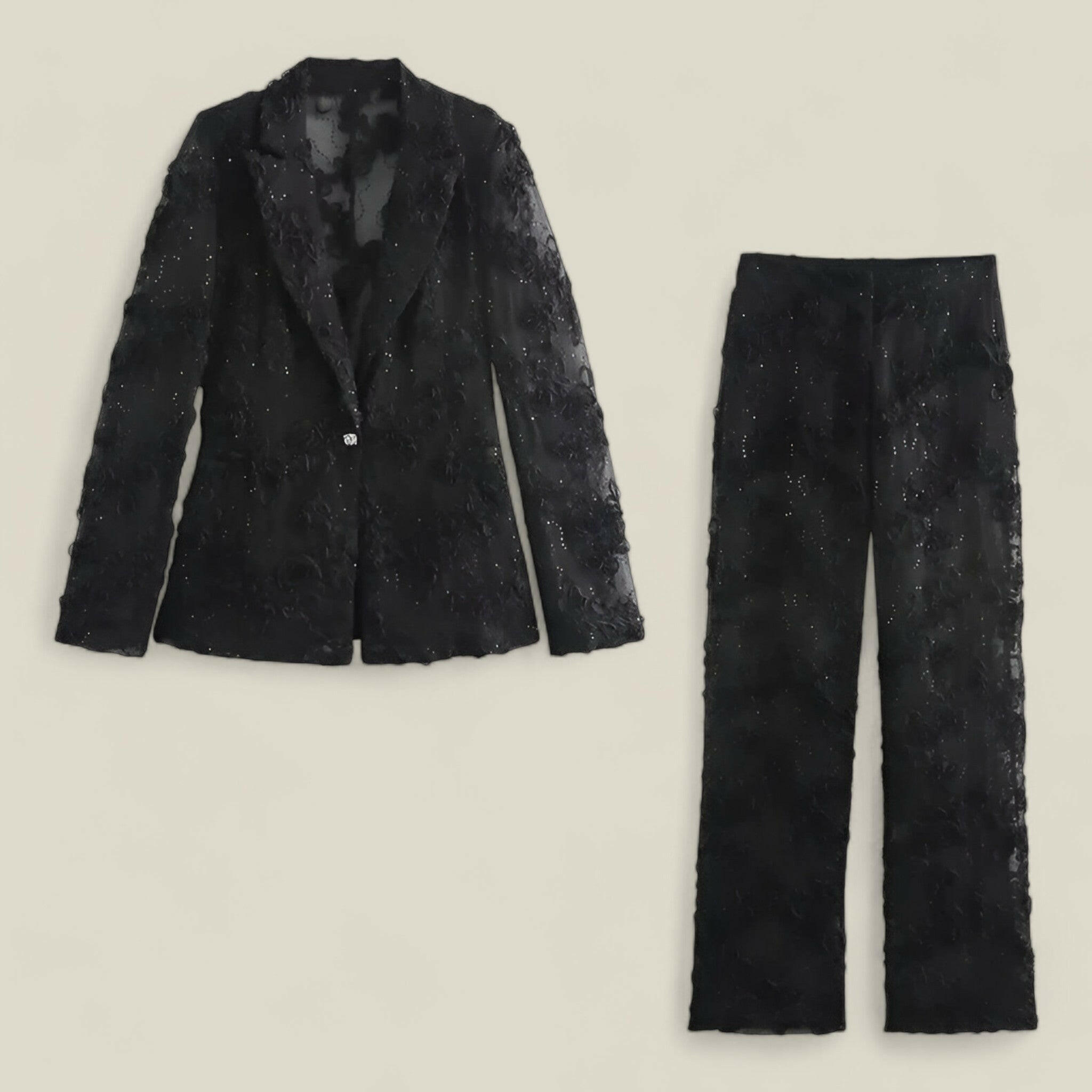 Isabelle - Veste élégante à manches longues avec détails en perles et pantalon taille haute