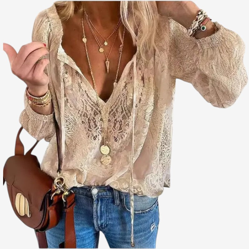 Blouse bohème en dentelle à manches longues pour femme