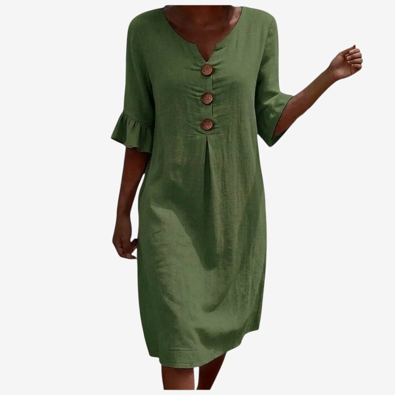 Women's V Neck Midi Dress with Button Front