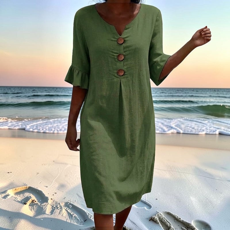 Women's V Neck Midi Dress with Button Front