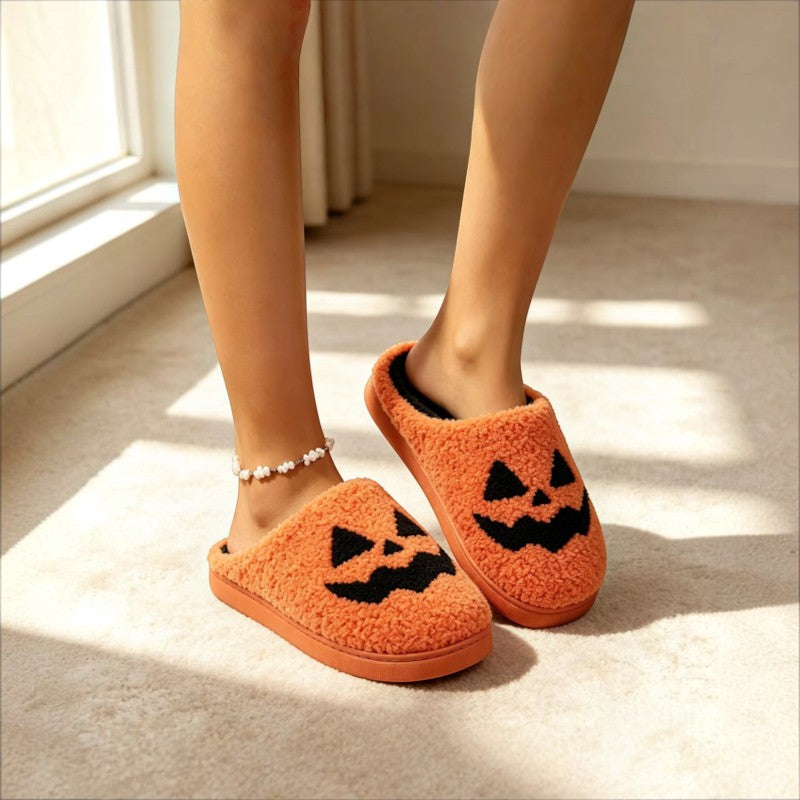 Halen - Pantufas de Halloween com design de cara de abóbora