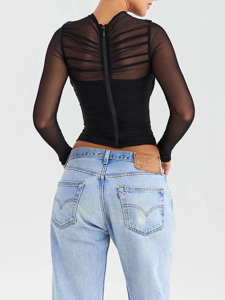 Rhea - Trendy top s dlouhými rukávy a zipem na zádech