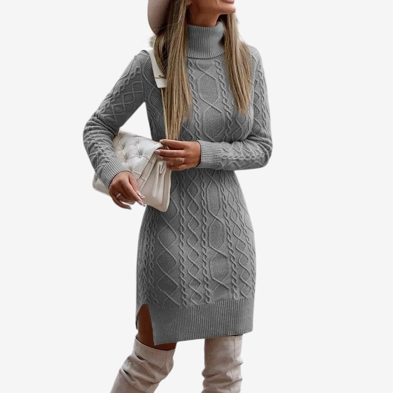 Karen - Lange Mouwen trui Jurk met Ronde Hals en Geribd Detail