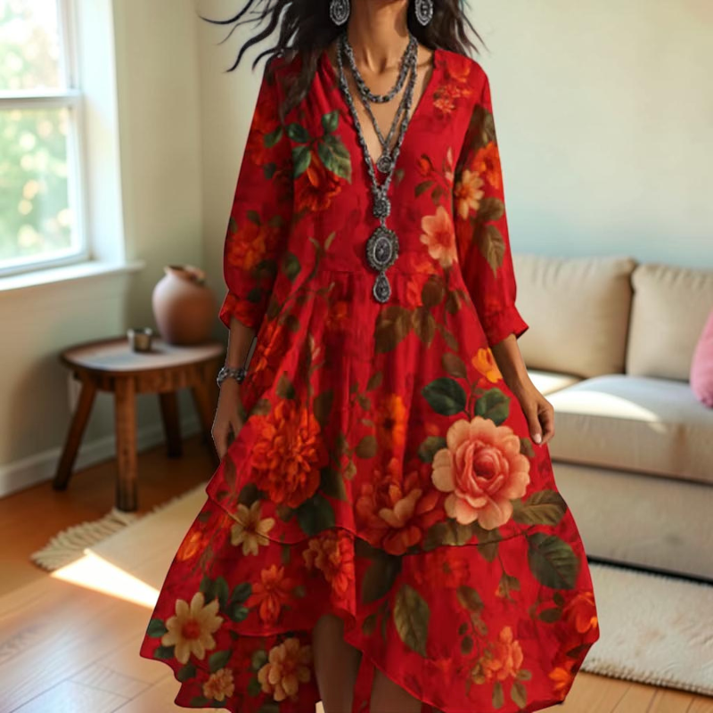 Floravia – Floral Midi Dress with V-Neck and Long Sleeves