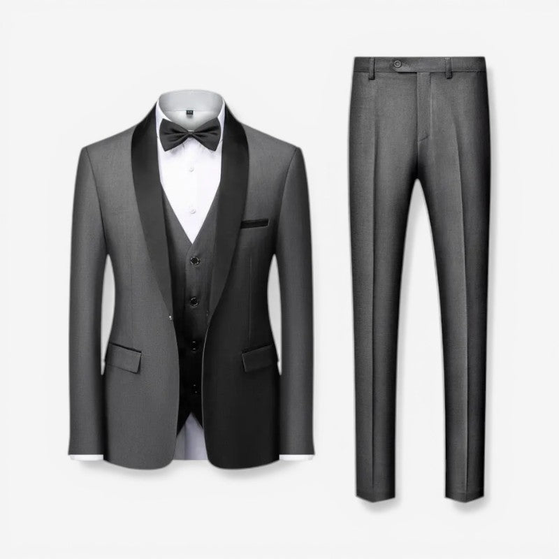 Arthur - 3 részes slim fit öltöny szett blézerrel, nadrággal és mellénnyel | Gombos záródás és zsebek | Méretek XS–3XL | Kék, piros, szürke, fekete, fekete-piros