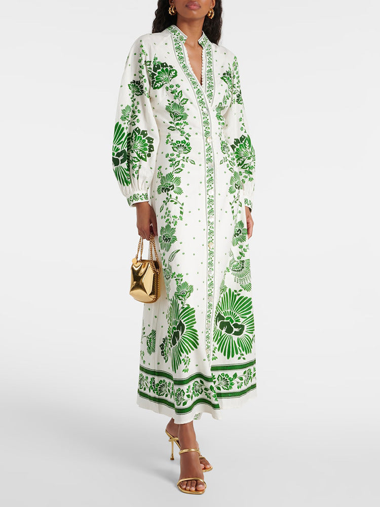 Mariah – Trendy V-neck maxi dress with long sleeves and waist band