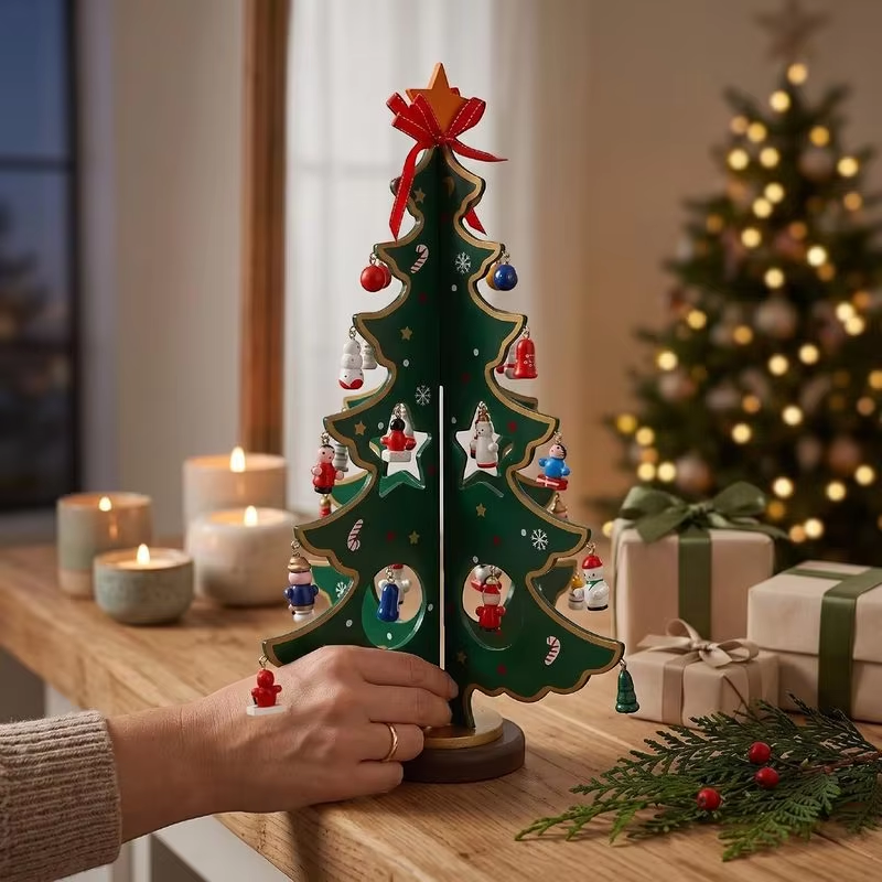 PineCharm – Calendar de Advent din lemn în formă de brad de Crăciun, cu 24 de ornamente