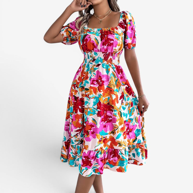 Abito midi donna con stampa floreale e spalle scoperte
