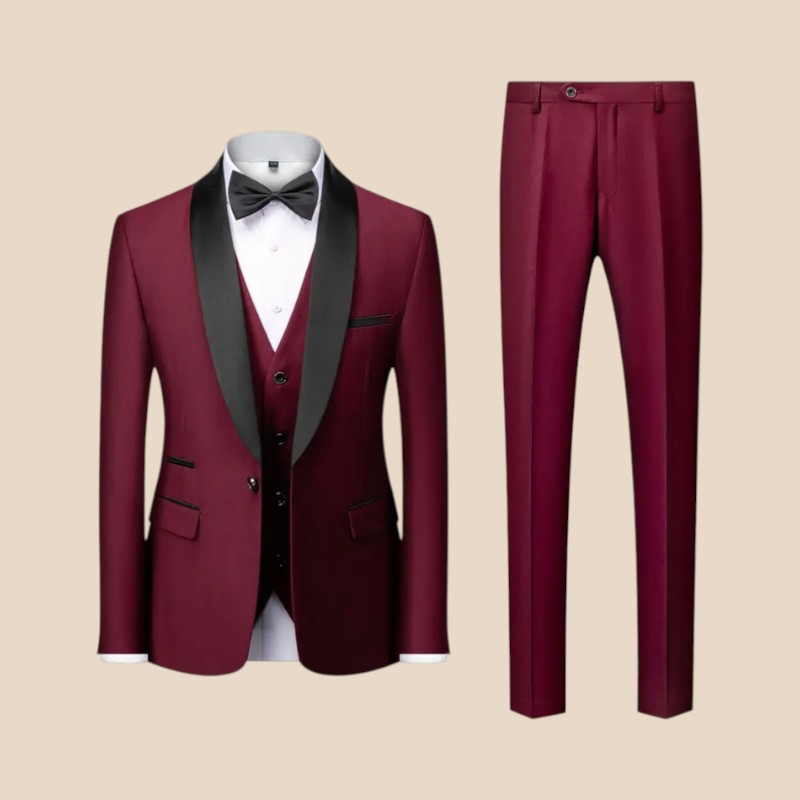 Arthur - 3 részes slim fit öltöny szett blézerrel, nadrággal és mellénnyel | Gombos záródás és zsebek | Méretek XS–3XL | Kék, piros, szürke, fekete, fekete-piros