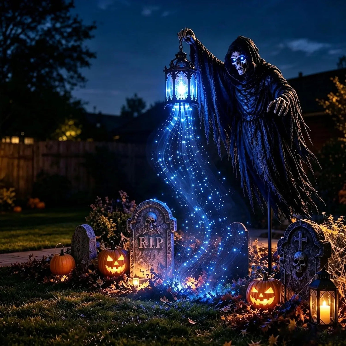 Reapora – Decorazione di Halloween con mietitore illuminato e lanterna LED