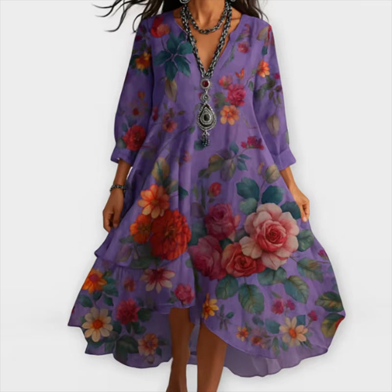Lucía – Robe midi vintage bohème à imprimé floral et col en V