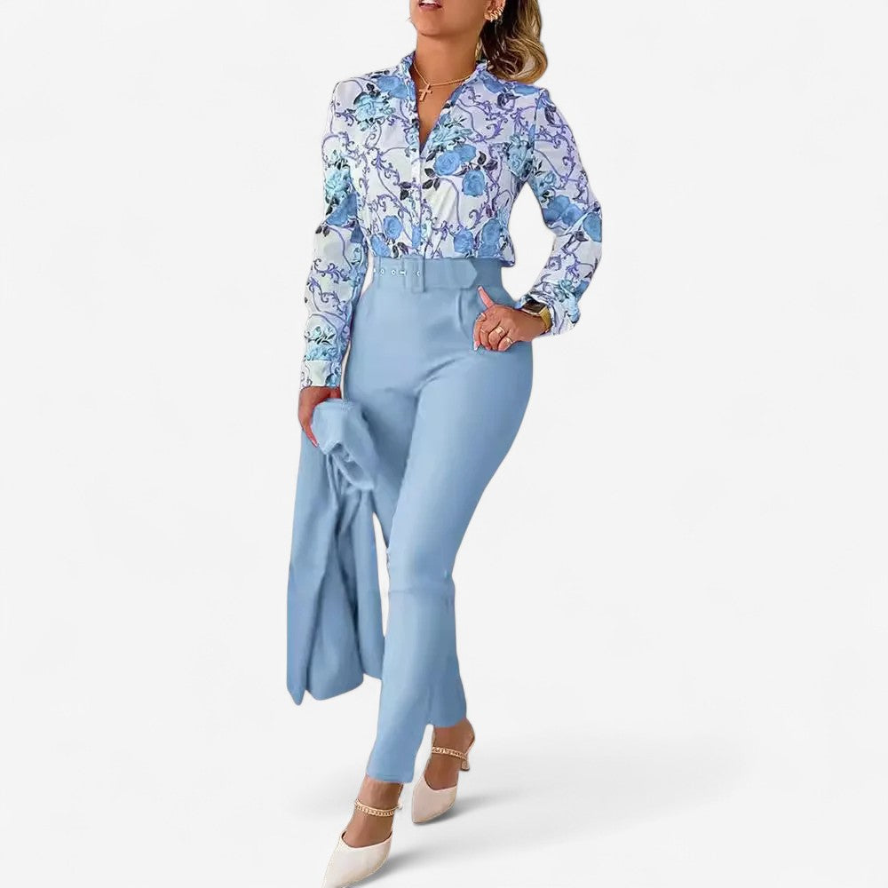 Lieke - Two-Piece Set with Floral Blouse and High-Waisted Pants