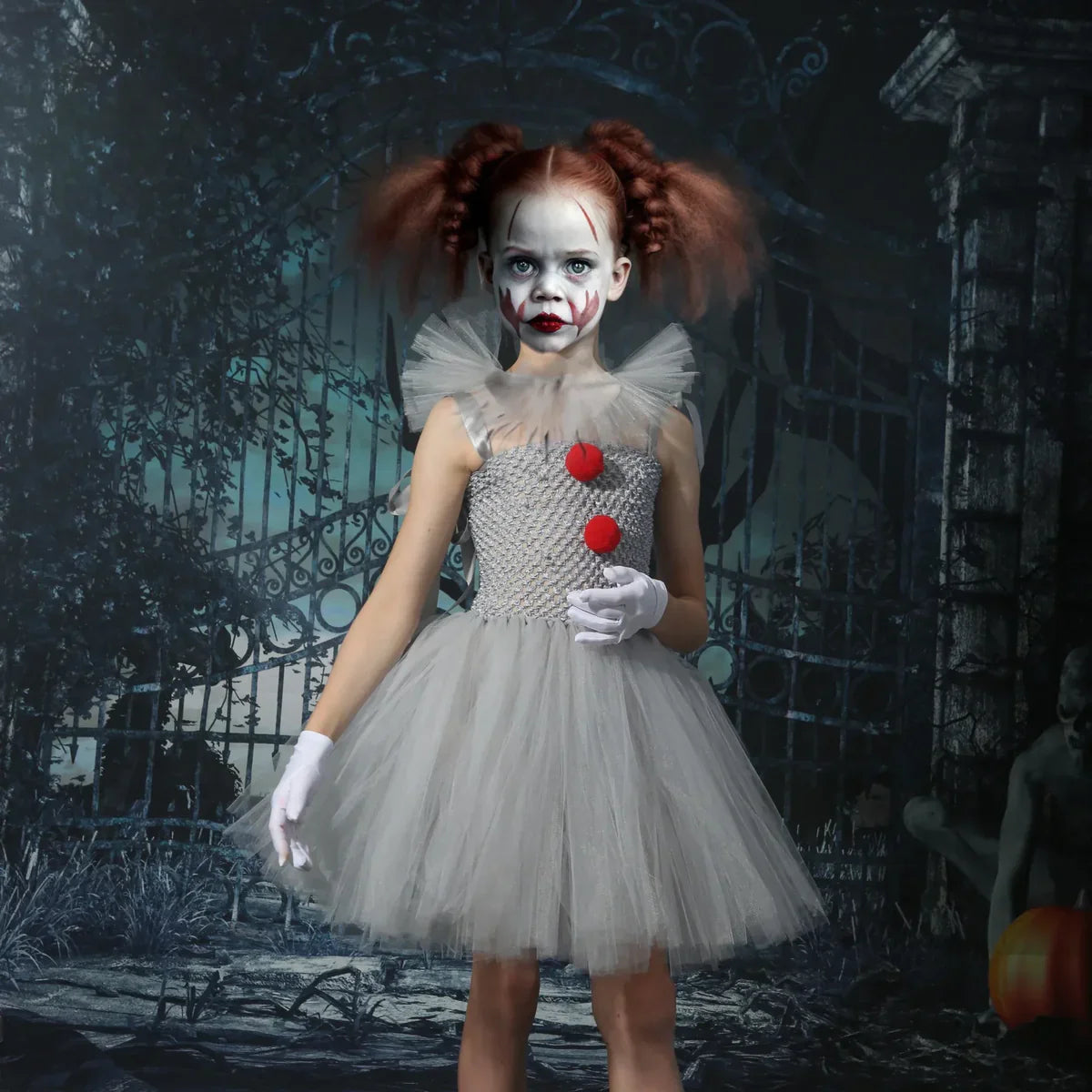Charlotte – Sukienka tutu inspirowana klaunem z czerwonymi pomponami i tiulową spódnicą na Halloween lub przebieranki