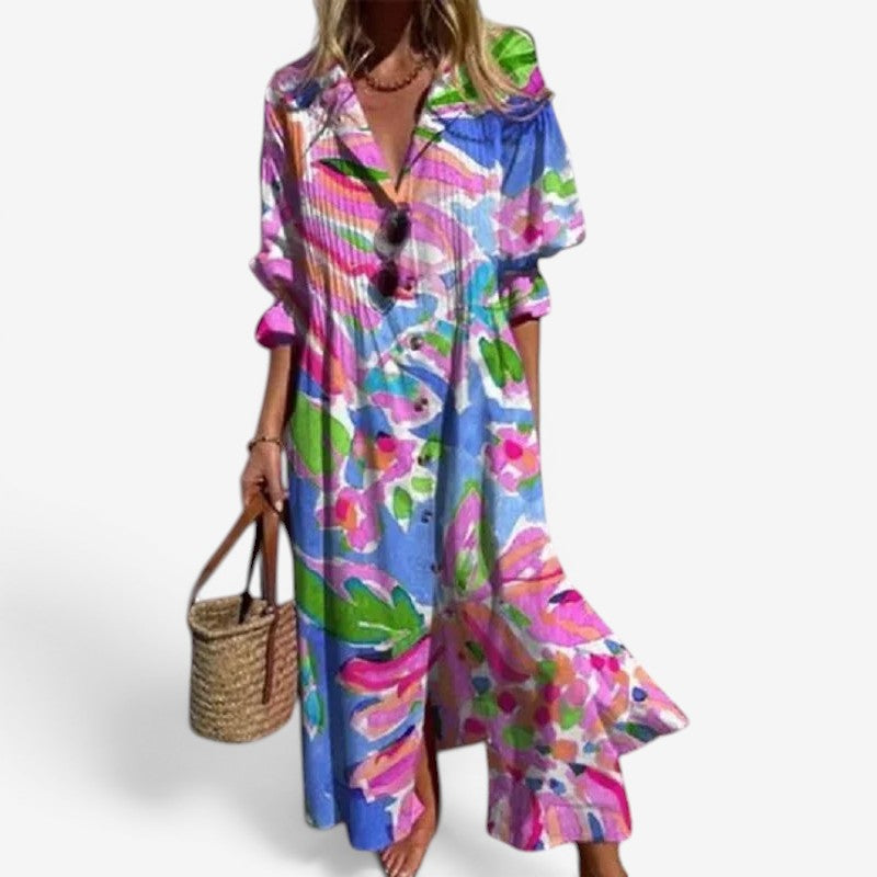 Robe ample à manches longues à fleurs pour femme