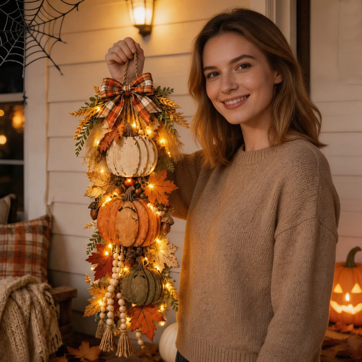 Pumpwood – dřevěná dekorace ve tvaru dýně s LED světly