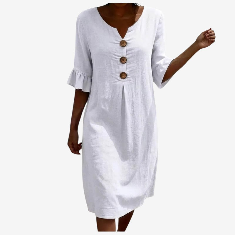 Women's V Neck Midi Dress with Button Front
