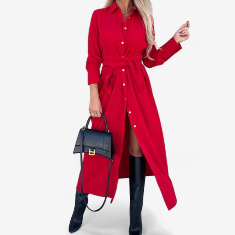 Evelyn - Shirt Dress with Long Sleeves, Waist Belt, and Button Closure