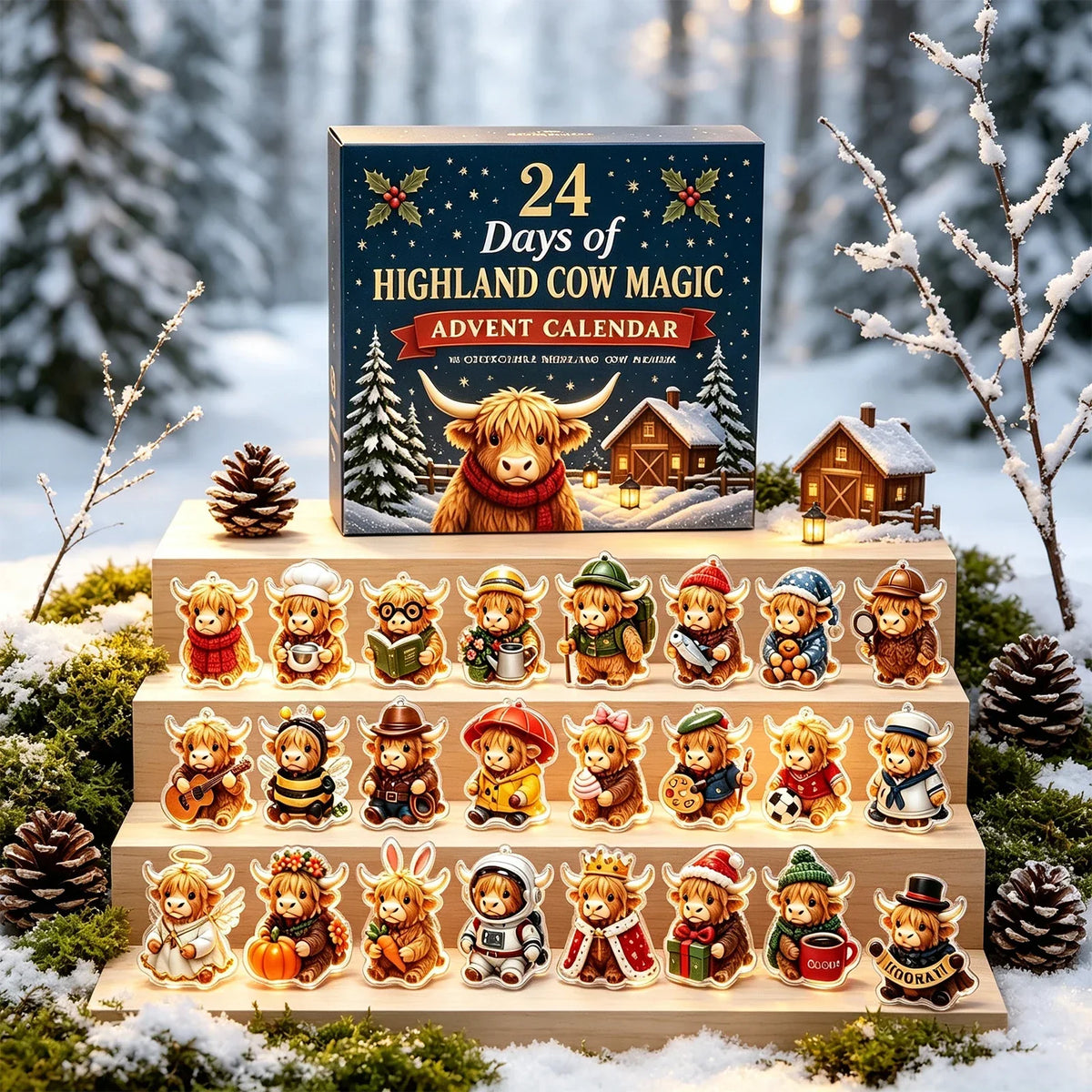 Calendario de Adviento de vaca de las Highlands Cowmerry – con 24 colgantes de acrílico