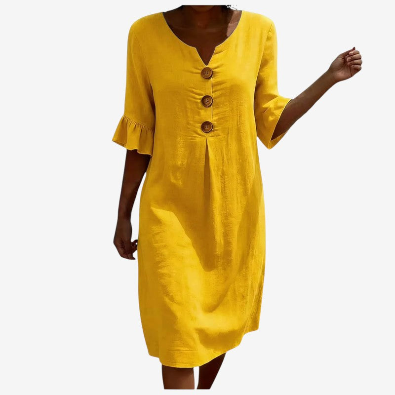 Women's V Neck Midi Dress with Button Front
