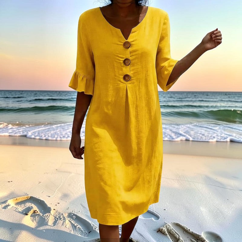 Women's V Neck Midi Dress with Button Front