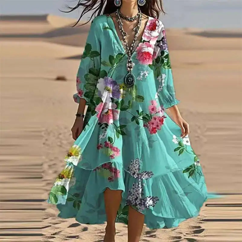 Lucía – Robe midi vintage bohème à imprimé floral et col en V