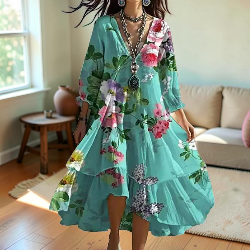 Floravia – Floral Midi Dress with V-Neck and Long Sleeves