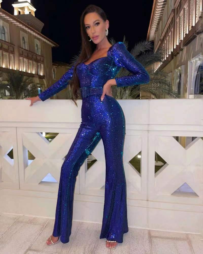 Anita - Salopetă cu mâneci lungi, croială slim, talie înaltă și curea