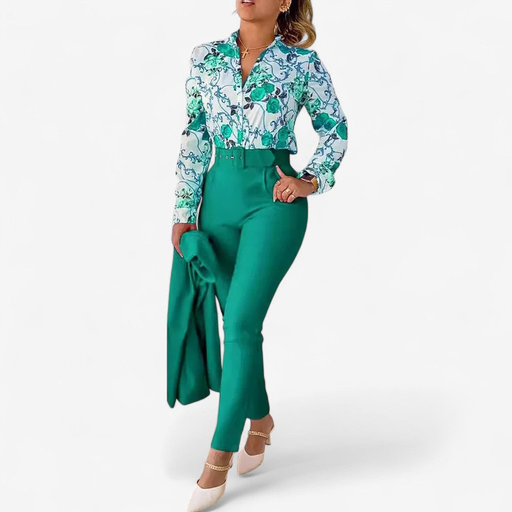 Lieke - Two-Piece Set with Floral Blouse and High-Waisted Pants