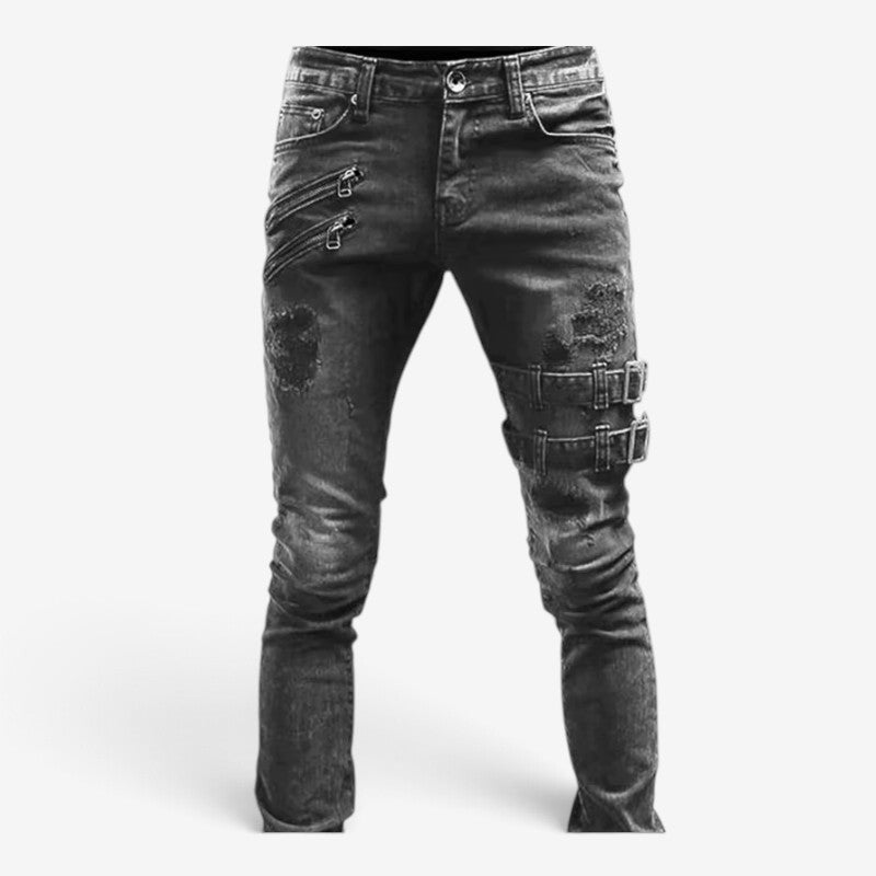 Denimly - Skinny Distressed Jeans with Zipper and Buckle Details