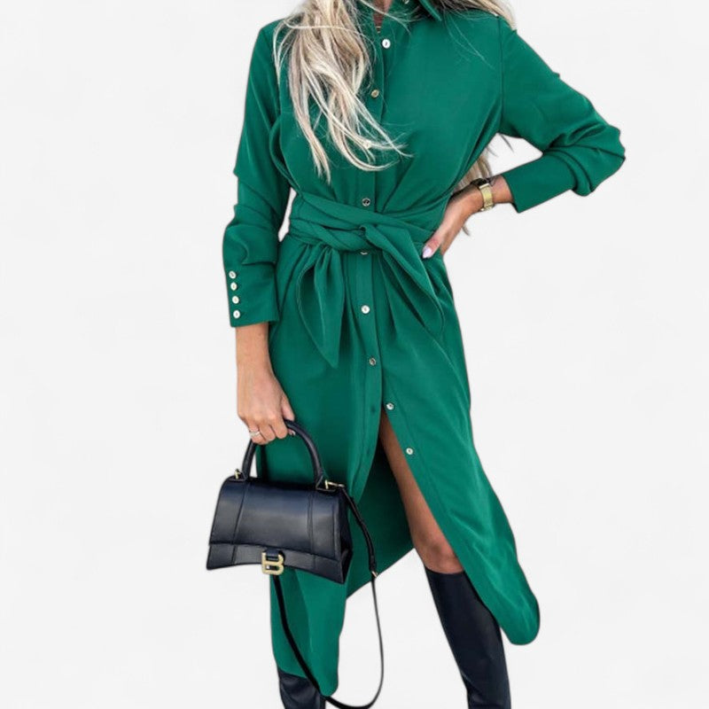 Evelyn - Shirt Dress with Long Sleeves, Waist Belt, and Button Closure