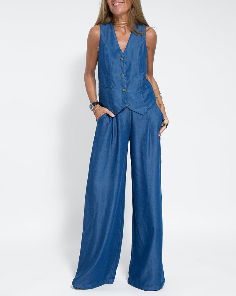 Lena - Set elegant din două piese cu pantaloni largi și vestă cu nasturi