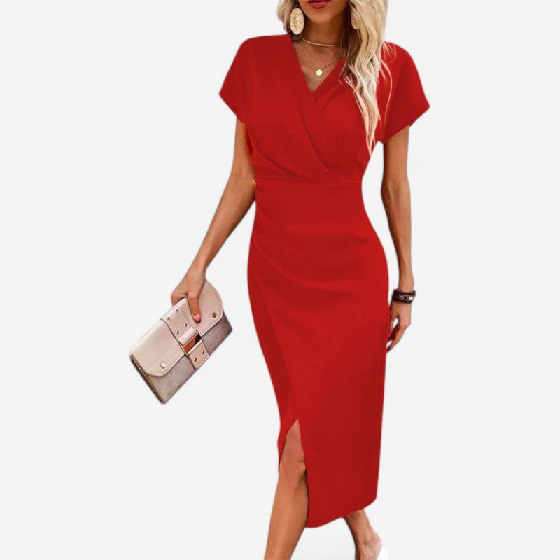 Robe midi femme à col en V avec fente latérale