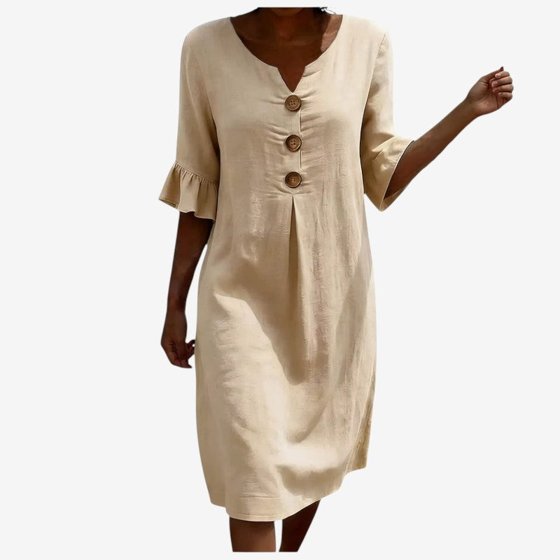 Women's V Neck Midi Dress with Button Front