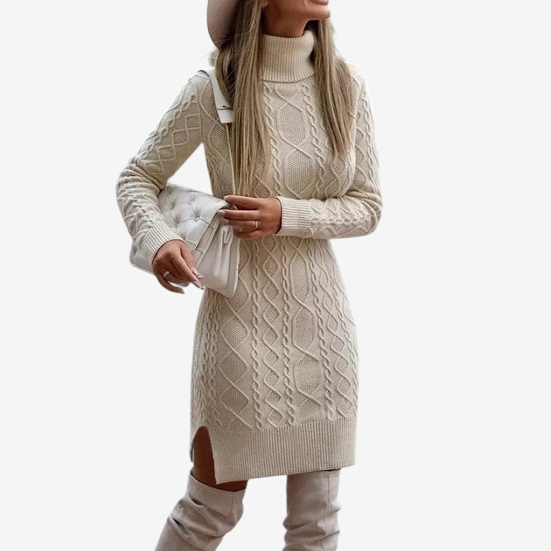 Karen - Lange Mouwen trui Jurk met Ronde Hals en Geribd Detail